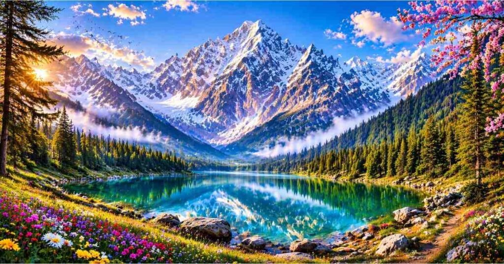 Beautiful wildlife near Jaroconca Mountain showing Andean condor flying over misty green forest