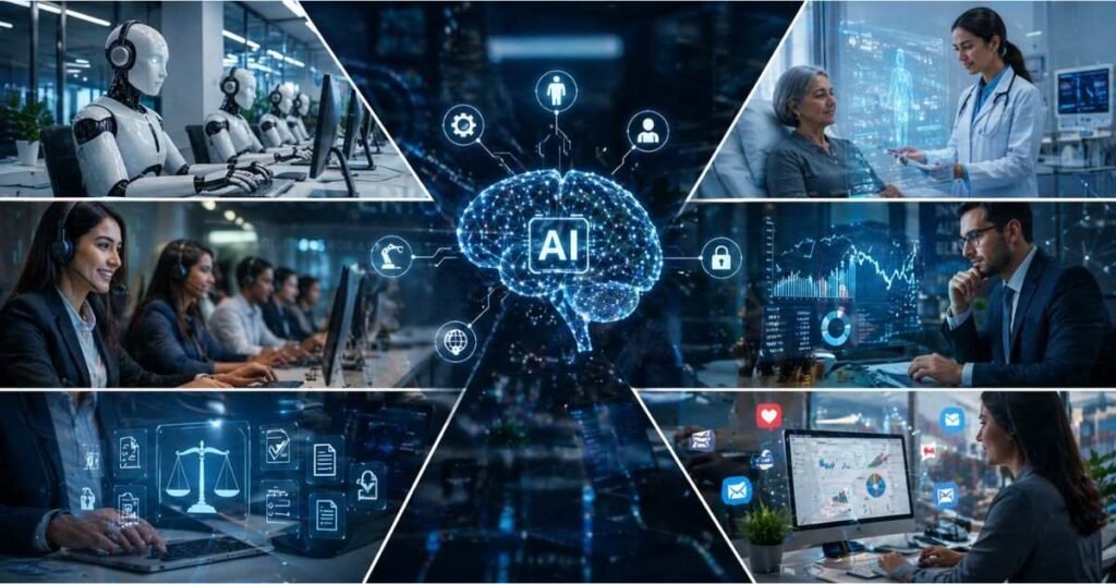 Business team using AI tools and machine learning software to improve daily workflow productivity