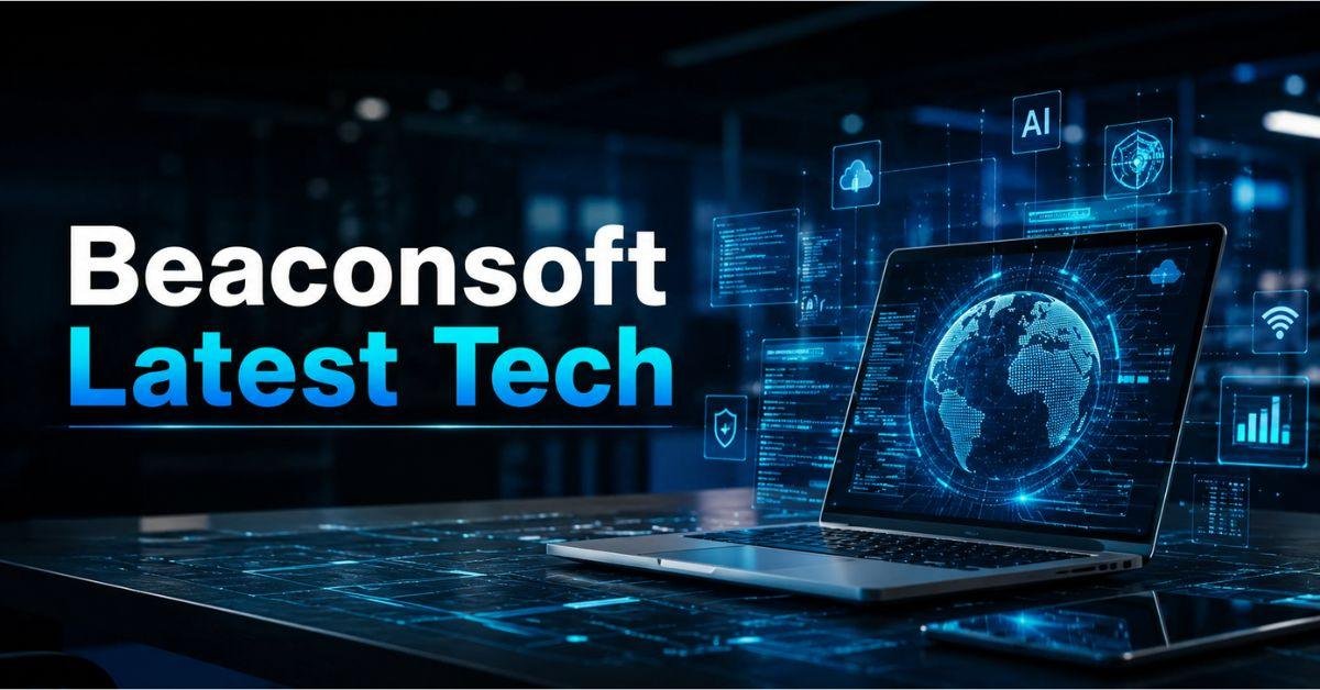 Beaconsoft latest tech platform featuring artificial intelligence cloud computing cybersecurity analytics and smart digital business automation in futuristic 2026