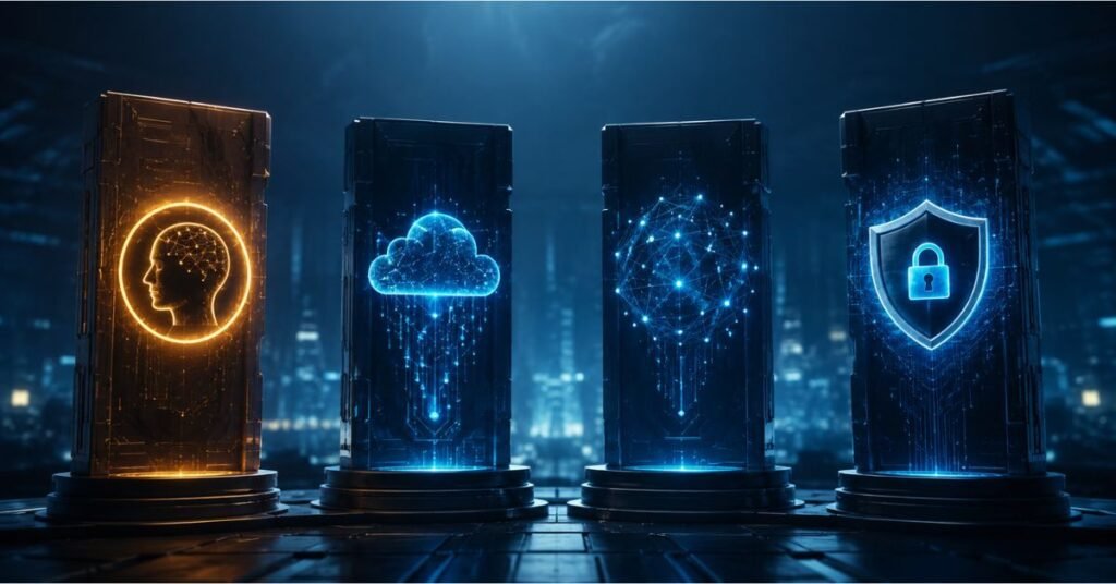 Modern Beaconsoft technology concept with AI powered dashboards secure cloud systems IoT devices and advanced cybersecurity solutions for digital transformation