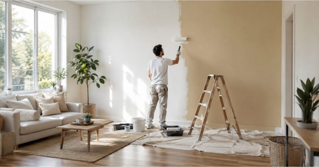 Modern living room makeover with fresh paint, new lighting, and budget-friendly decor updates