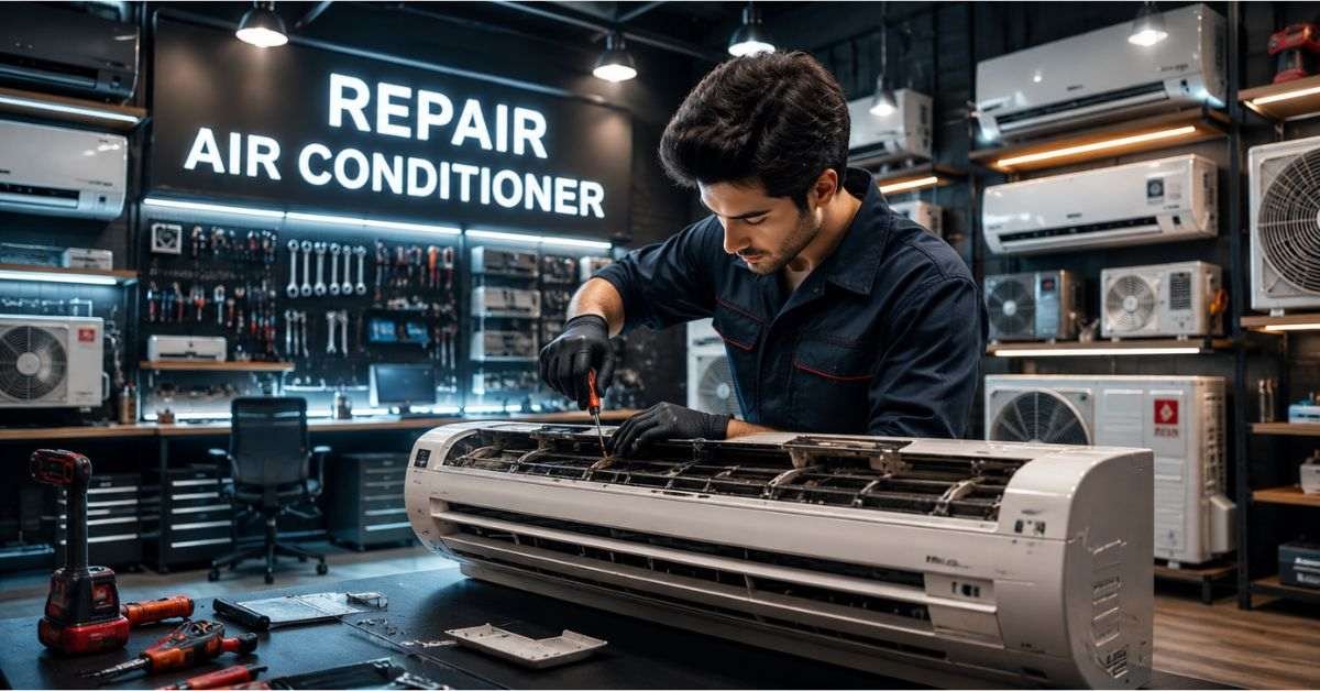 HVAC professional repairing wiring inside YEX382V3YTE air conditioning system