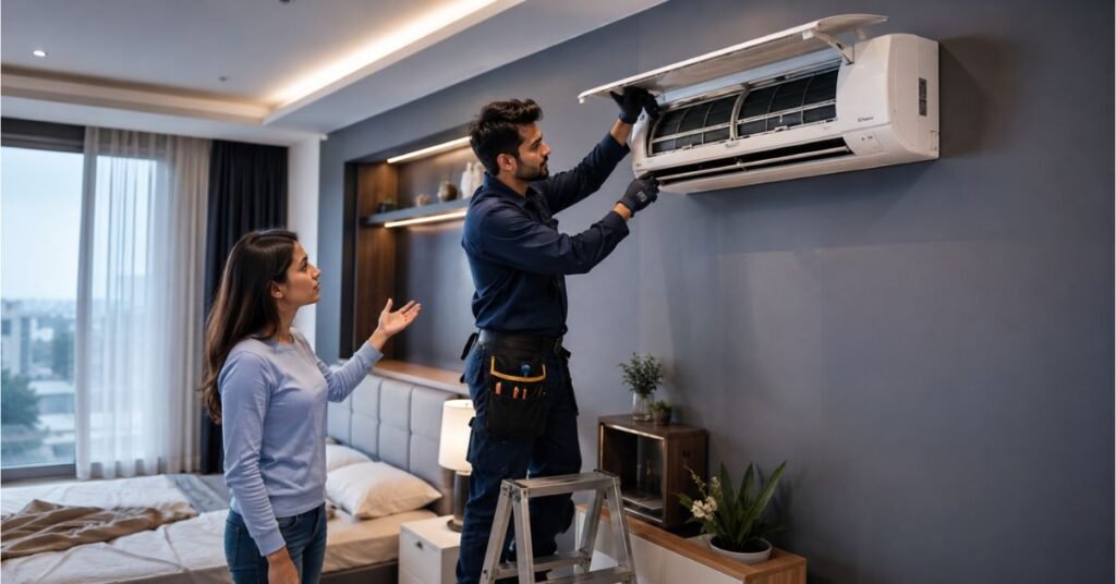 HVAC professional repairing wiring inside YEX382V3YTE air conditioning system