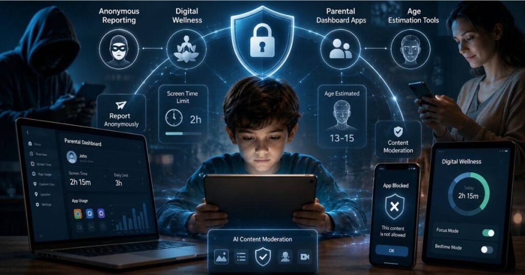 Parents and teenagers discussing young18gye online safety rules and screen time habits together