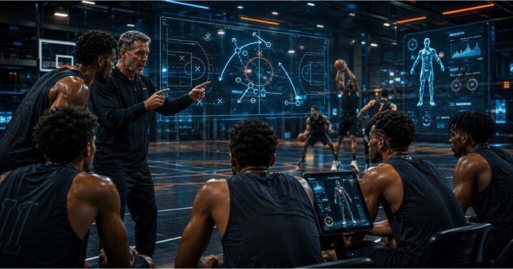 Coach explaining zuyomernon basketball strategy to team during practice session