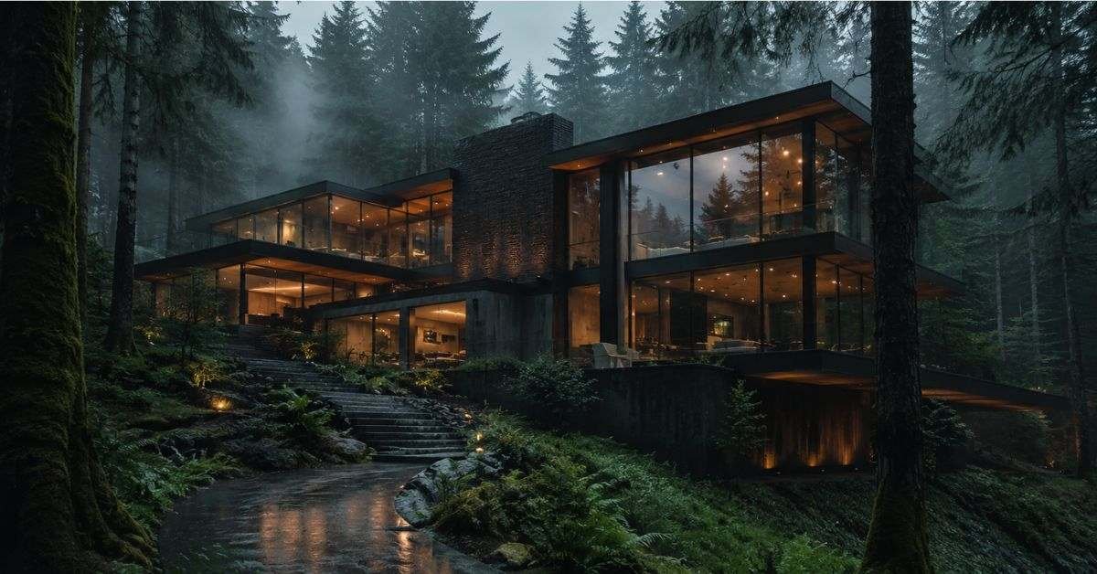 Cullens house exterior with large glass walls surrounded by tall trees in Portland Oregon
