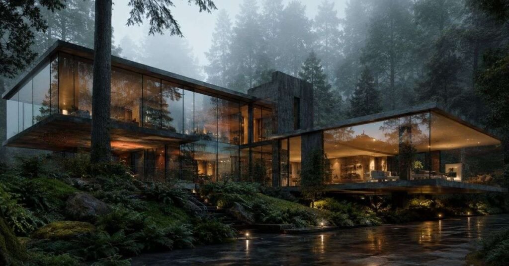 Twilight Cullen house front view showing Pacific Northwest modern architecture style