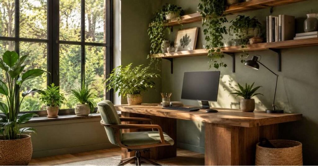 Indoor green wall with tropical plants in a modern home office space