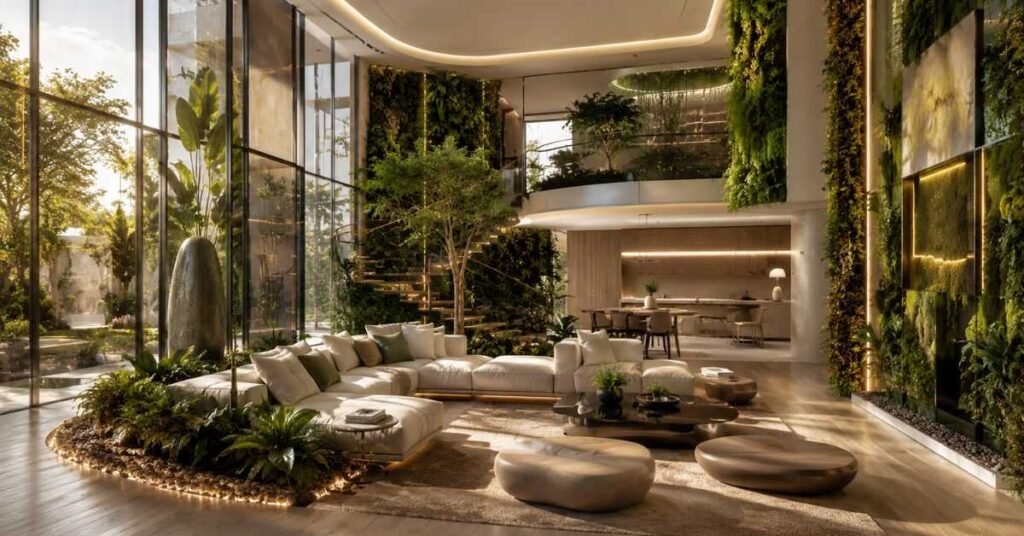Stylish home interior with stone accents, indoor fountain, and organic shaped furniture