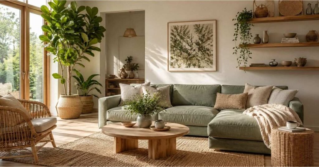 Bright living room with indoor plants, wooden furniture, and large windows for natural sunlight