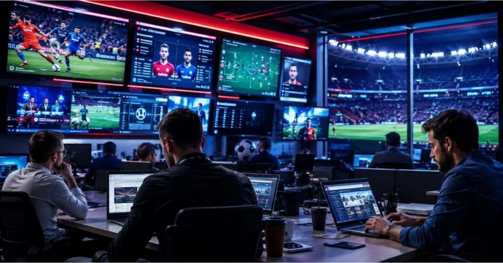 Sports journalist working in newsroom with screens showing football breaking news