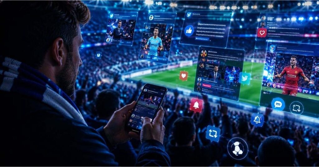 Smartphone displaying football transfer update with stadium blurred in background