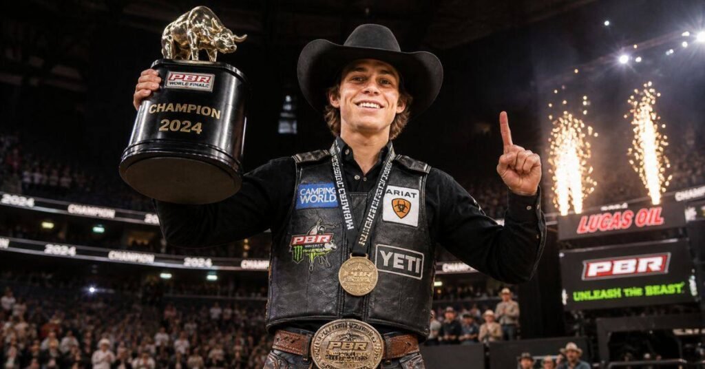 Rocker Steiner riding a bucking bull during a professional rodeo event