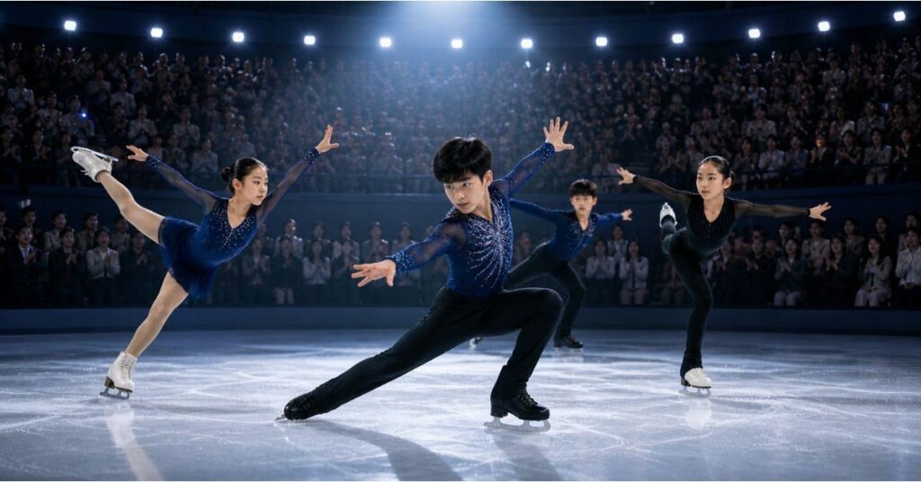 Young female ice skater performing a beautiful spin on ice inspired by ksayim hsiung skating dream
