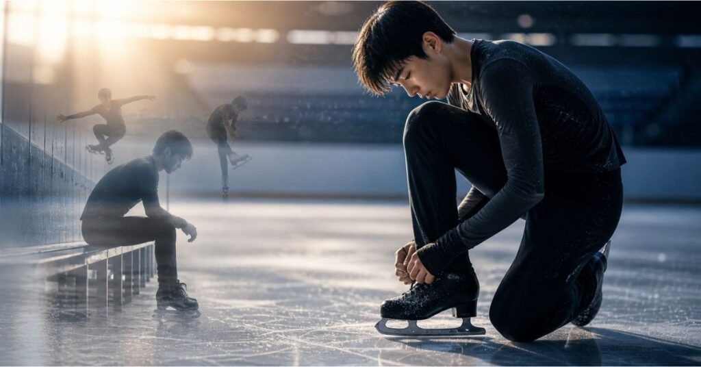 A young girl lacing up ice skates before training session representing dedication and love for skating