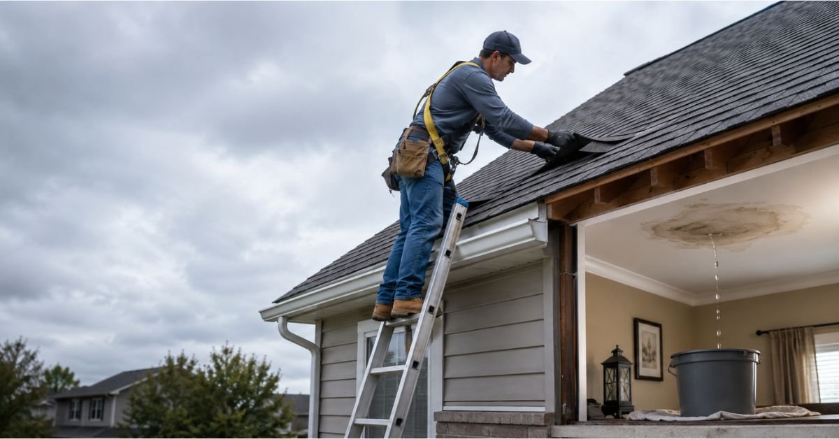Homeowner fixing a roof leak with roofing cement and tools on a sunny day