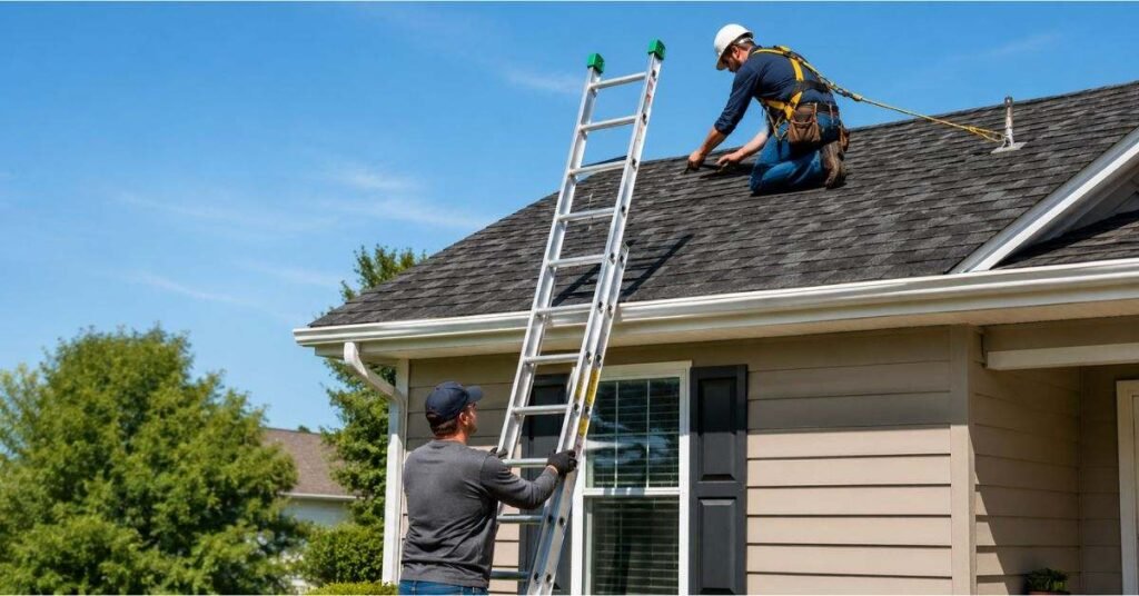 Step-by-step DIY roof repair showing damaged shingles being replaced by hand
