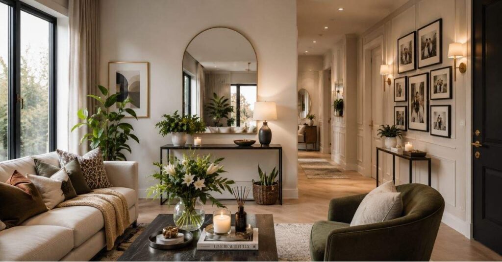 Hallway interior refresh with large mirror warm lighting and decluttered entryway