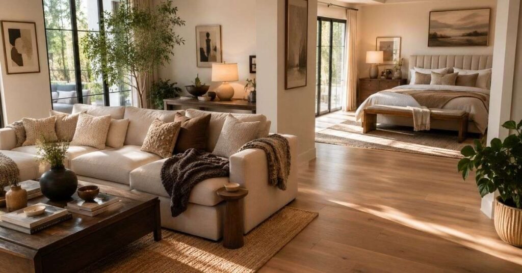 Bedroom renovation featuring feature wall dark paint and natural wood furniture