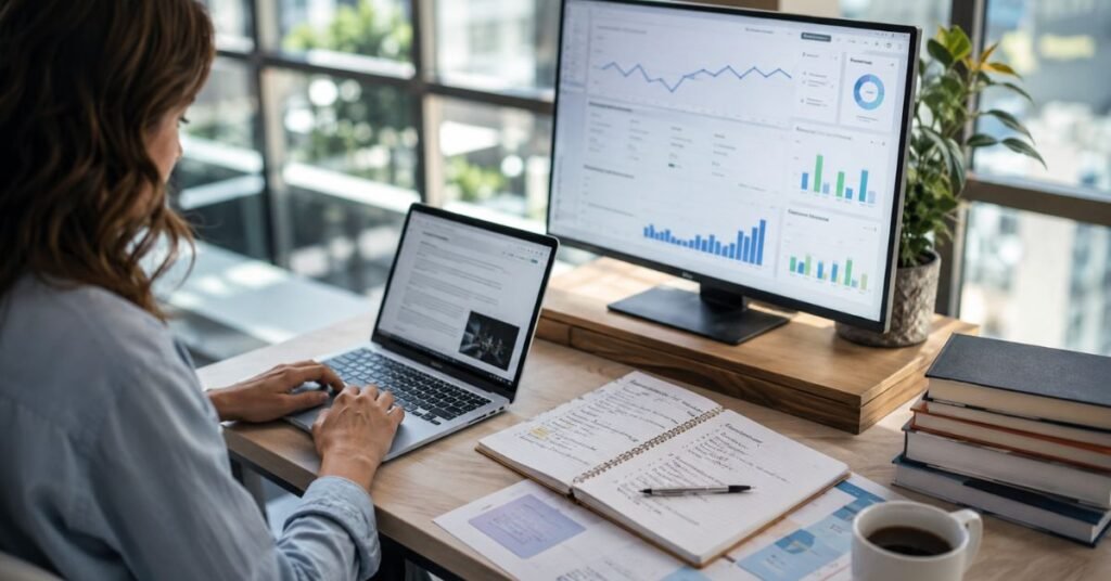 Colorful SEO dashboard showing organic traffic growth charts and keyword ranking improvements in 2026