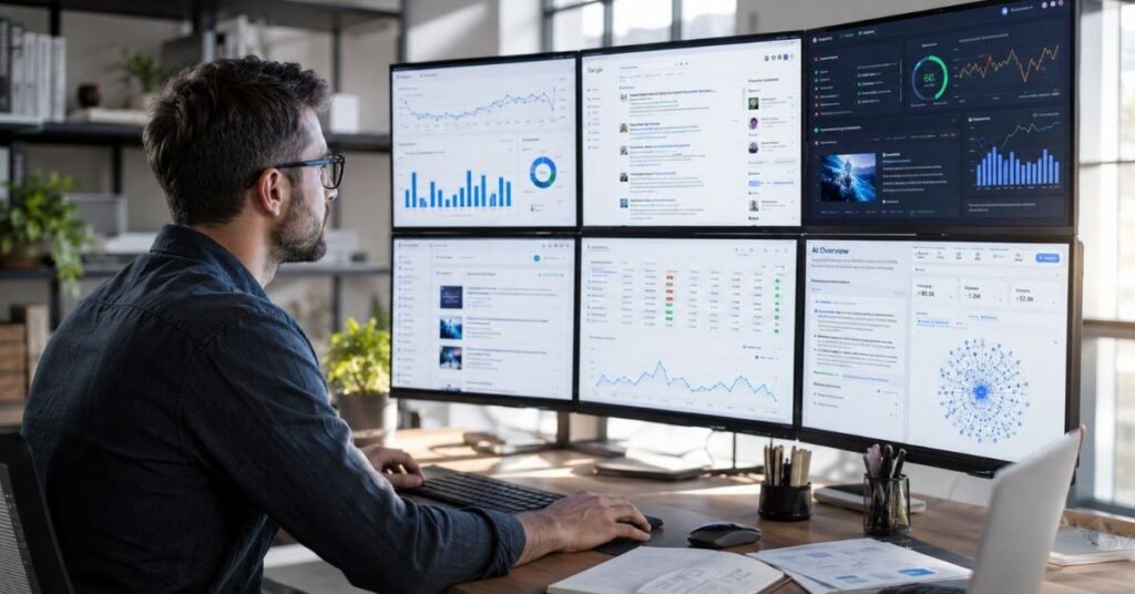 A marketer writing helpful blog content following modern SEO techniques to improve search visibility