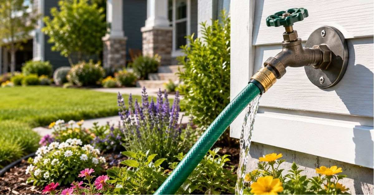 A shiny brass hose bib mounted on a white exterior house wall with a garden hose attached