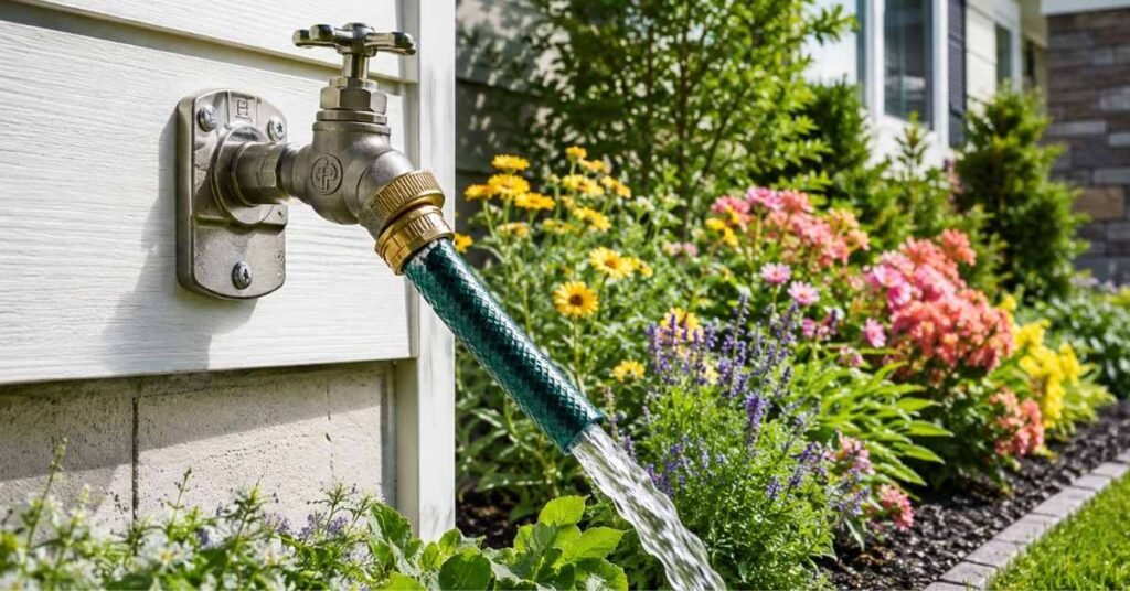 Close-up of a frost-free outdoor faucet installed on a brick wall during winter season
