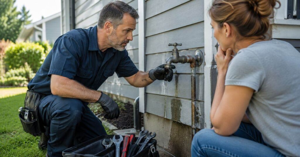 A plumber fixing a leaking outdoor water spigot on the side of a residential home wall

