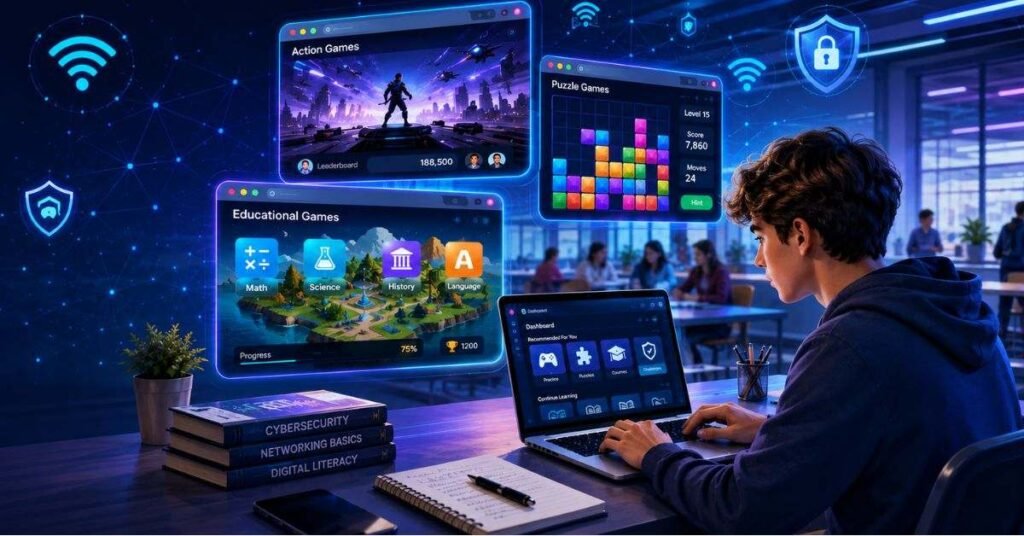Student playing unblocked games on laptop at school using safe browser gaming platform