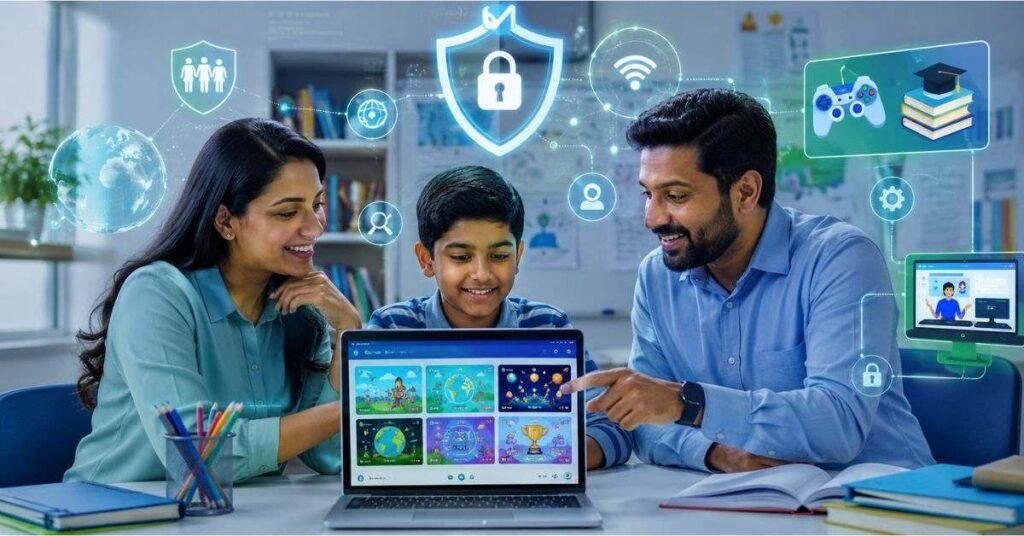 Parent and child discussing internet safety and safe gaming alternatives at home 2026
