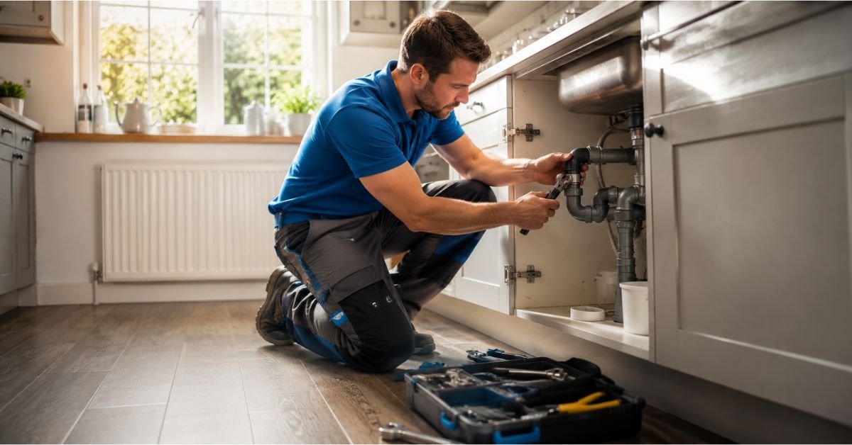 A plumber fixing common plumbing issues under a kitchen sink with professional tools