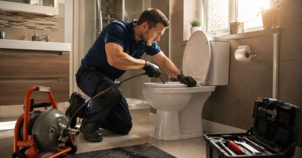 A blocked drain in a bathroom being cleaned to fix slow drainage plumbing issues