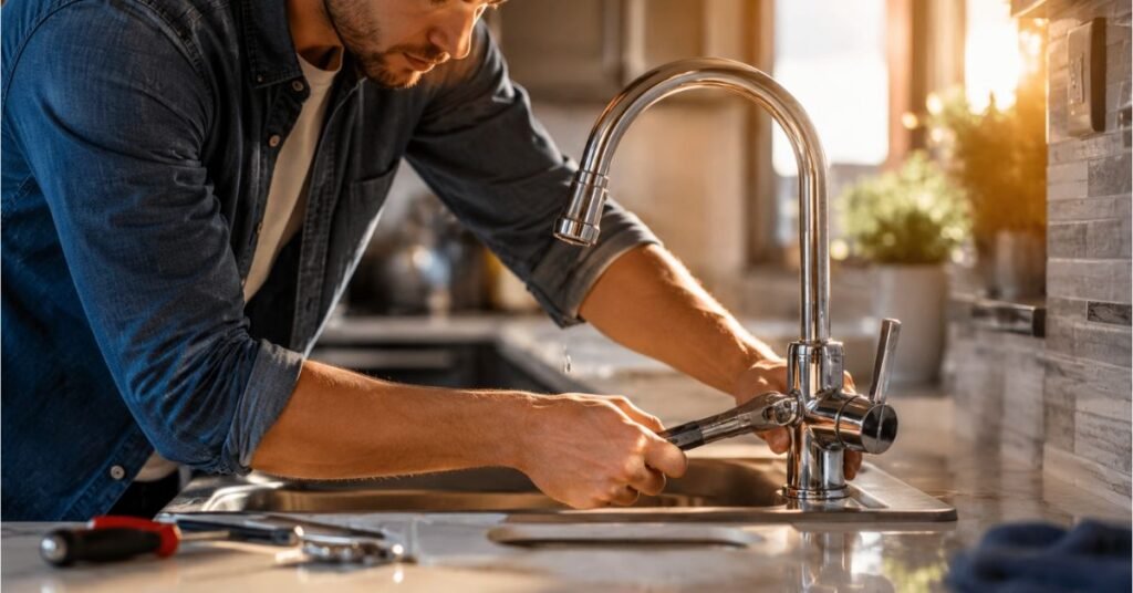 Homeowner fixing a leaky faucet under the kitchen sink with a wrench