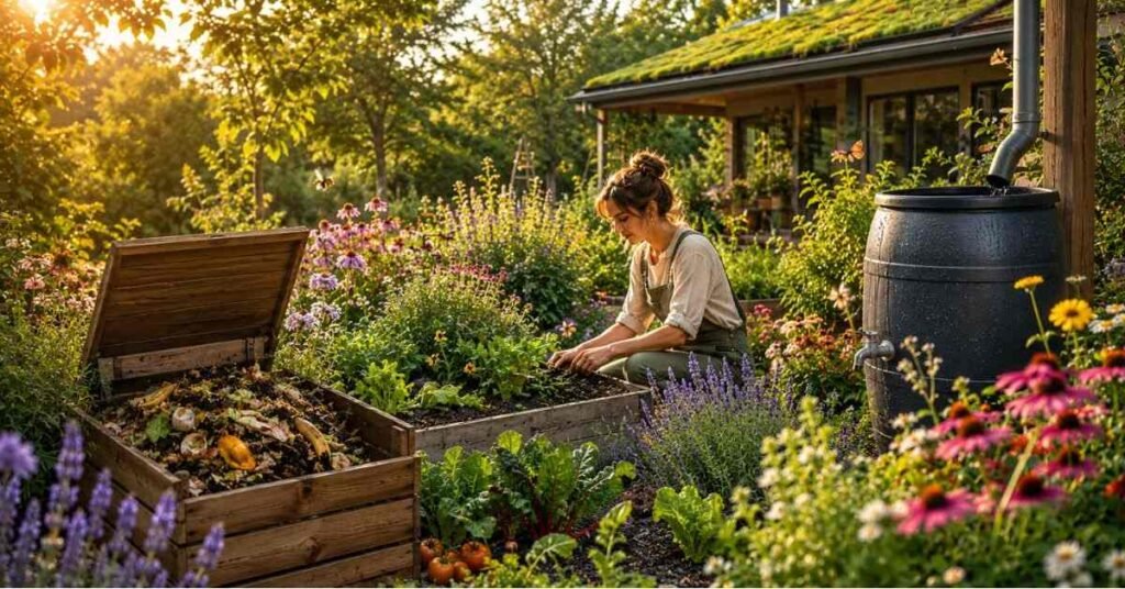 Eco-friendly composting and organic soil preparation for a healthy blooming garden