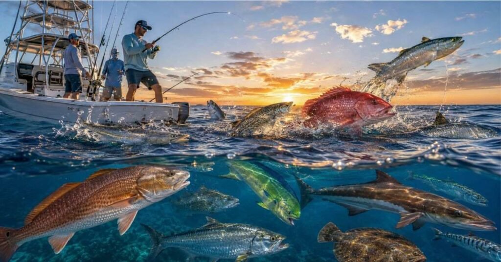 Angler holding fresh caught mahi-mahi fish on Gulf Coast charter boat on a bright sunny day
