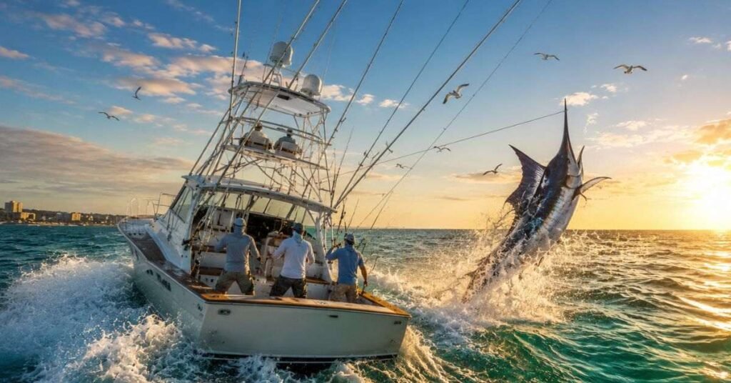 Charter boat sailing on Gulf of Mexico during sunrise for an exciting offshore fishing adventure
