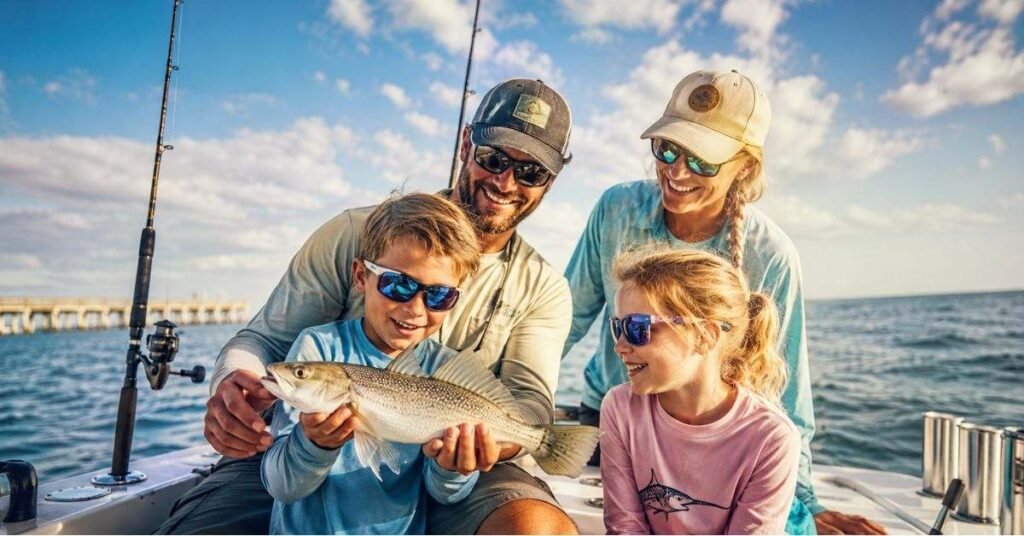 Family enjoying a fun fishing trip on the Gulf with rods, bait, and calm ocean views nearby
