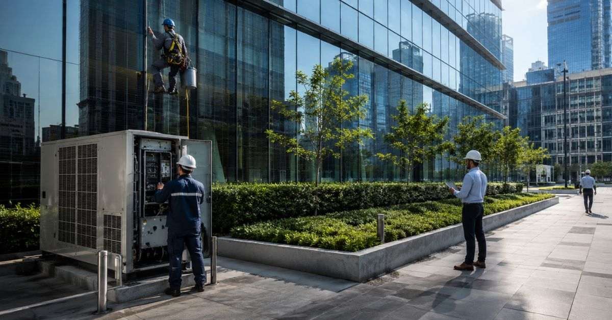 Commercial building maintenance team inspecting HVAC system on rooftop of office building