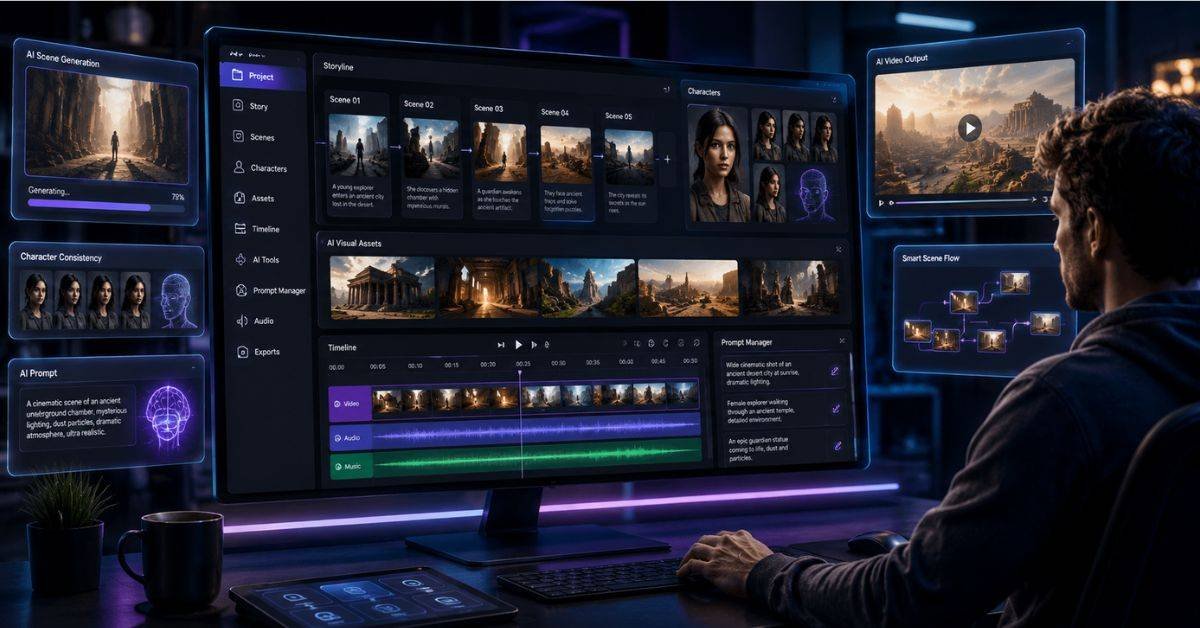 1. AZ8 AI video platform canvas workspace showing scene planning and key frame creation in 2026