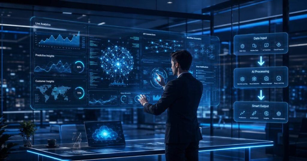 Infographic explaining how Droven IO AI Technology works with data processing and analytics