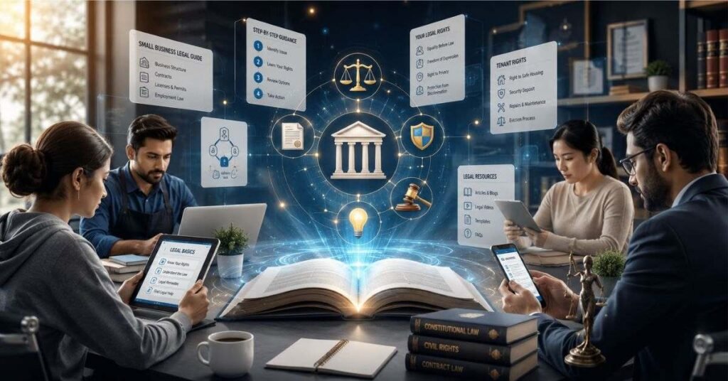 Person reading legal blog on laptop to understand law topics and rights in simple plain language
