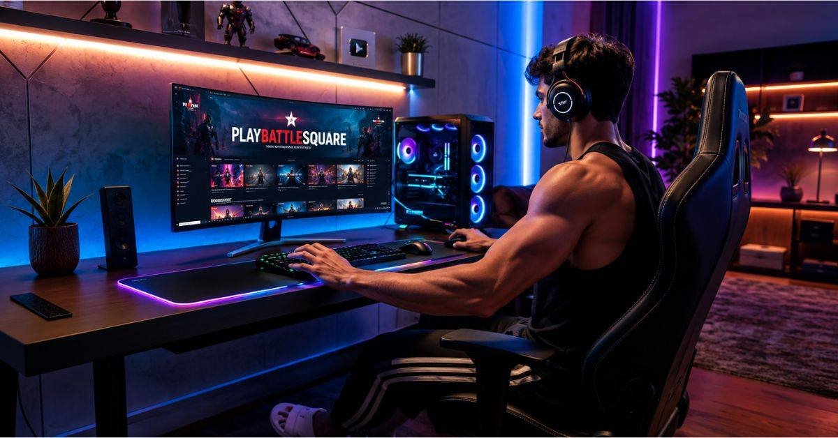 A person enjoying playing games on blog playbattlesquare on a PC at home
