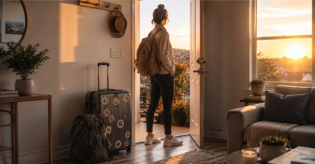 Happy solo traveler at airport with luggage 
ready for first solo adventure trip in 2026