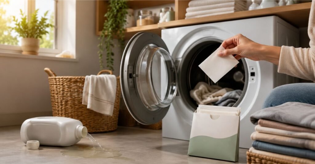 Hand placing one laundry detergent sheet 
into washing machine drum with clothes