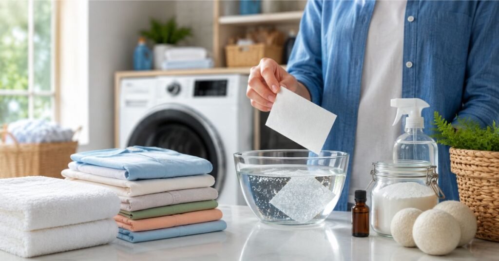 Clean fresh towels and gym clothes after 
washing with eco friendly detergent sheets